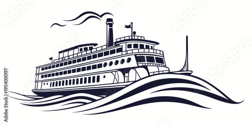 A vintage steamboat sailing on calm waters with a clear sky above.