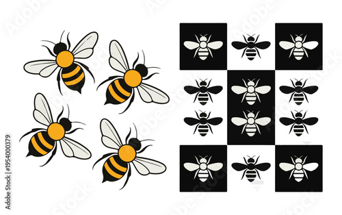 Honey bee vector collection including colored illustrations and black white pattern tiles for graphic design