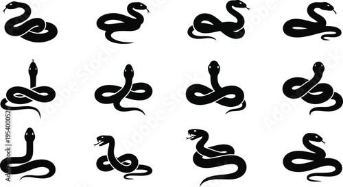 Collection of 12 unique black snake illustrations on white background