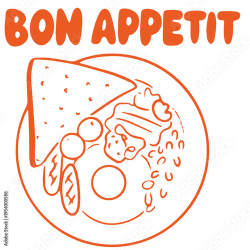 Breakfast hand drawn doodle with eggs bacon toast and bon appetit lettering illustration
