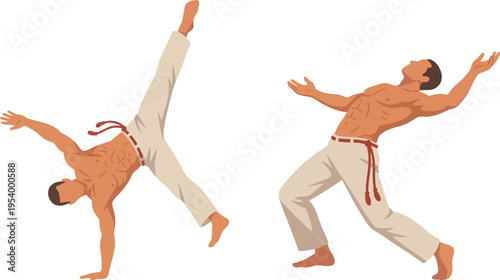 Capoeira Acrobat Handstand and Flip Poses, Brazilian Martial Arts Action Vector Illustration