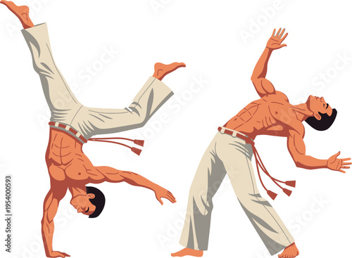 Capoeira Acrobat Handstand and Flip Poses, Brazilian Martial Arts Action Vector Illustration