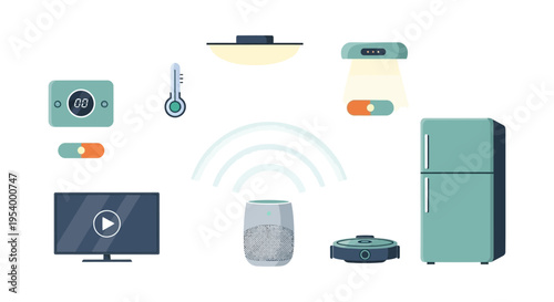 Smart Home IoT System Concept. Flat vector illustration of connected devices, automation technology, voice assistant control, and centralized household management.