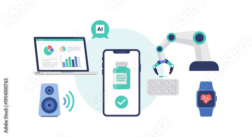 AI Digital Health Concept Illustration: E-Pharmacy, Automated Drug Manufacturing, Smart Monitor, and Medical Data Analytics Technology.