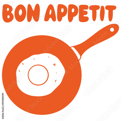 Breakfast hand drawn doodle with fried egg pan and bon appetit lettering illustration
