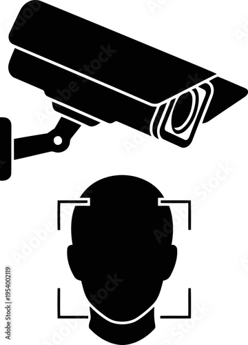 Silhouette of CCTV camera scanning human face with recognition frame, security monitoring concept.