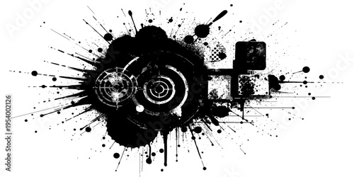 Abstract black ink splat illustration featuring a dirty grunge texture with paint drips and liquid spray stains on a vector pattern background design element