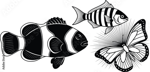 Clownfish and butterfly vector collection, tropical sea fish illustrations, black and white nature silhouettes, isolated aquatic and insect set
