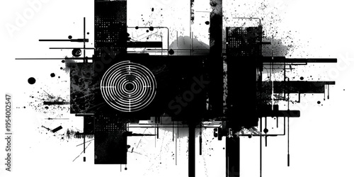 Abstract grunge background vector illustration featuring a black ink splatter texture with a dirty paint brush border and vintage messy spray stains on a grungy paper design element