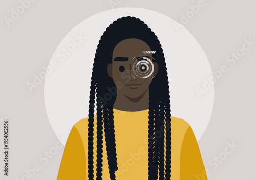 A creative depiction showcases the intricate eye retina recognition technology, It highlights the seamless blend of human features and digital advancement, emphasizing eye identification.