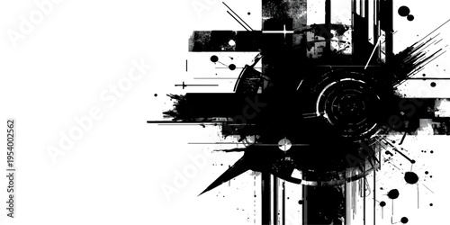 Isolated black silhouette of industrial construction machinery and transport vehicles including a truck, tractor, and crane set against an abstract grunge background with a vintage vector illustration