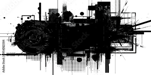 A grunge urban black and white background featuring a vector silhouette illustration of an industrial city with a cargo ship, crane, and transport truck isolated against a sea of construction