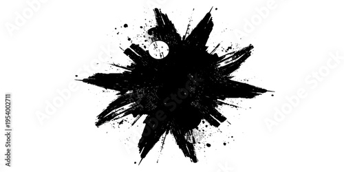 A black ink splat grunge vector illustration featuring artistic paint splashes, dirty brush drips, and liquid spray patterns as a decorative design element on a textured silhouette stain