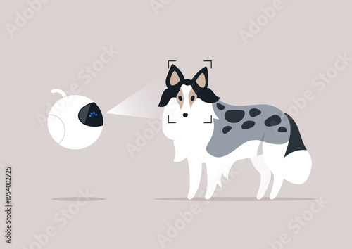In a futuristic scene an innovative robot scanning a friendly Sheltie dog to understand the dog's health and behavior.