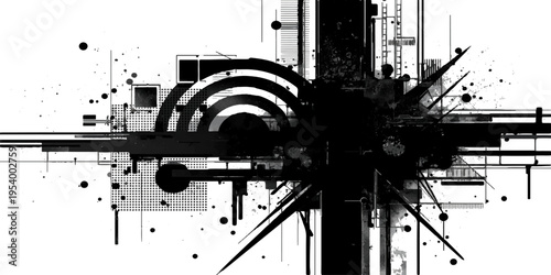 Vector illustration of an abstract urban construction sketch featuring industrial building silhouettes and a grunge oil power crane design