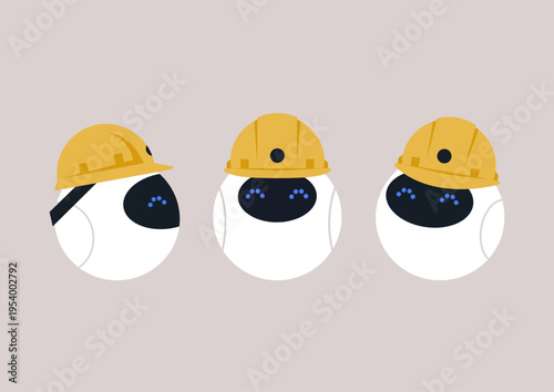 Industrial scene, three adorable robots don colorful hard hats, expressing a fun take on construction, Each design brings a charming character to the theme, inviting smiles and creativity.