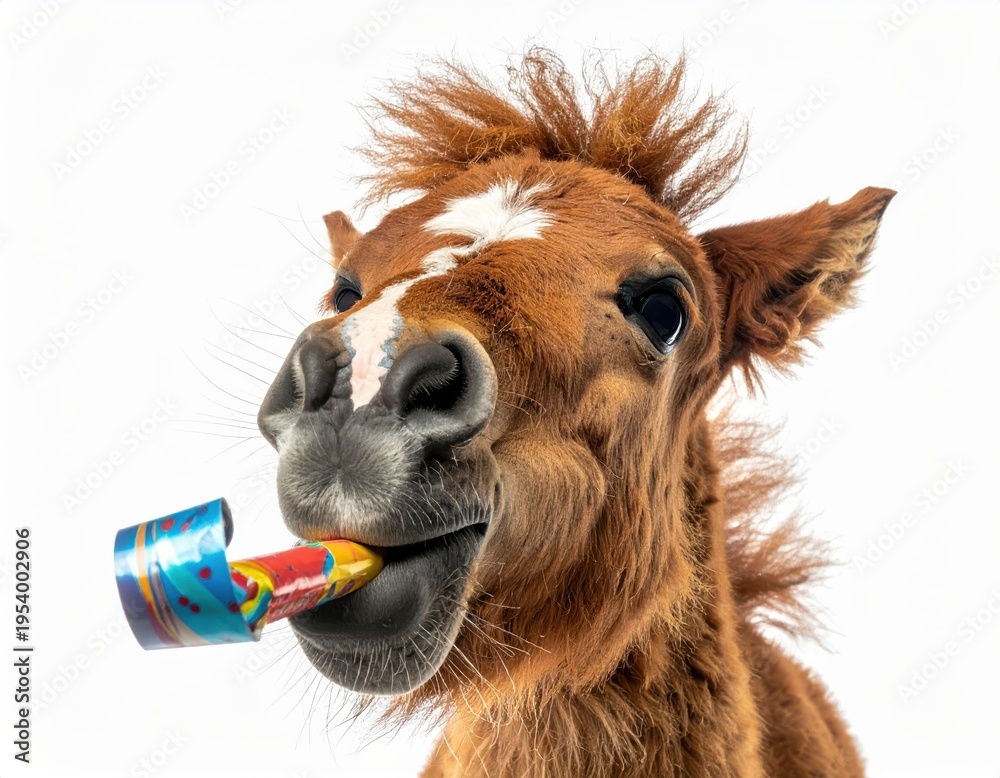 Obraz premium Funny Horse Blowing Party Blower with Wild Mane.