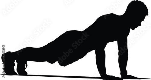 Silhouette of a man performing a push-up exercise on a white background, demonstrating physical fitness and strength.