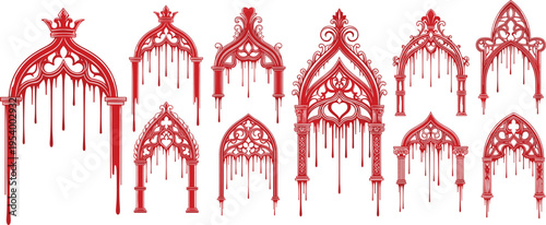 Ornate Gothic arch vector illustration with dripping red design, surreal architecture, decorative patterns, eerie style, fantasy art concept
