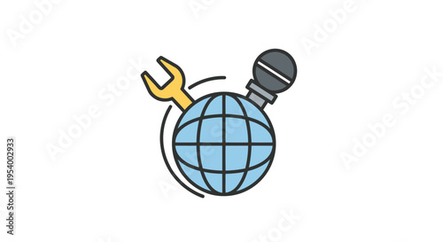 Globe with microphone and wrench symbol.