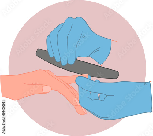 A manicurist in latex gloves filing a client's nails with a nail file. Vector illustration.