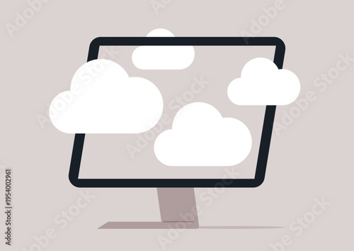 Soft white clouds surround a sleek pc monitor, merging technology with nature, This scene captures a playful blend of modern innovation and nature's charm, inviting imaginative thoughts.