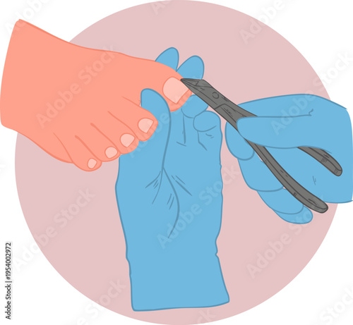A pedicure specialist in latex gloves performing a pedicure on a client. The master uses nippers to remove calloused skin near the toenail. Vector illustration.