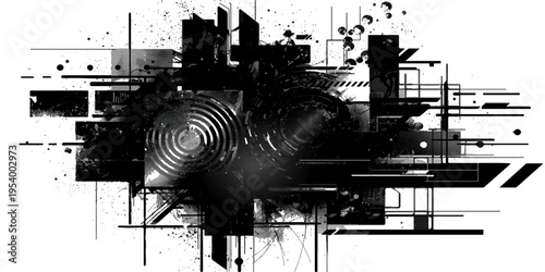 An old steel ship machine silhouette is depicted as a black and white abstract grunge sketch illustration with oil and water art