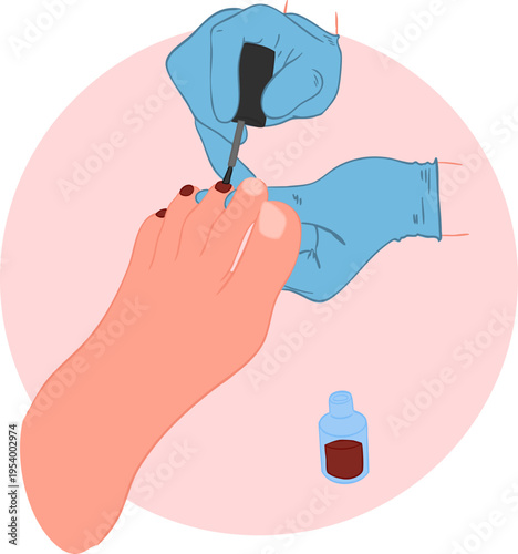 A pedicure specialist painting a client's toenails. Close-up view. Vector illustration.