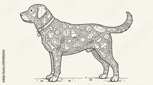 Detailed line art illustration of a dog filled with pet items like bones and balls. Intricate black and white animal artwork for coloring.