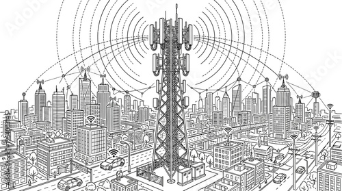 Urban city landscape with central communication tower, radiating network signals and digital connectivity lines. Line art illustration.