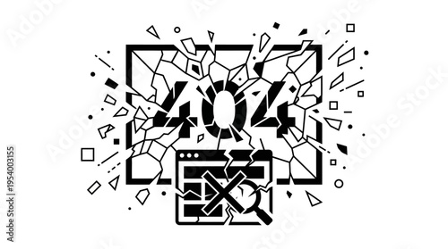 404 Error page not found concept illustration. Broken website screen with shattered elements, search failure, internet problem.