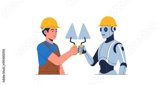Human Construction Worker and Robot Collaborating with Trowels, Future of Building Industry, Automation and AI Integration in Architecture and Masonry Vector