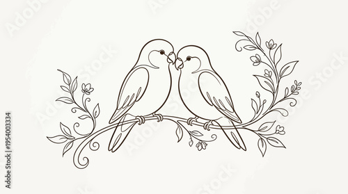Line art illustration of two loving birds perched on a decorative floral branch, symbolizing romance, affection, and togetherness.