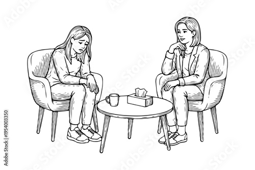 A therapist and a sad woman sit in chairs around a table with tissues and a mug, drawn in sketch style, on a clear white background, concept of mental health support