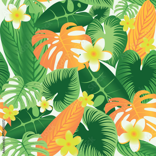 Seamless tropical pattern with exotic jungle leaves and plumeria flowers. Bright botanical background with monstera leaves and tropical foliage. Perfect for summer design, textile and wallpaper