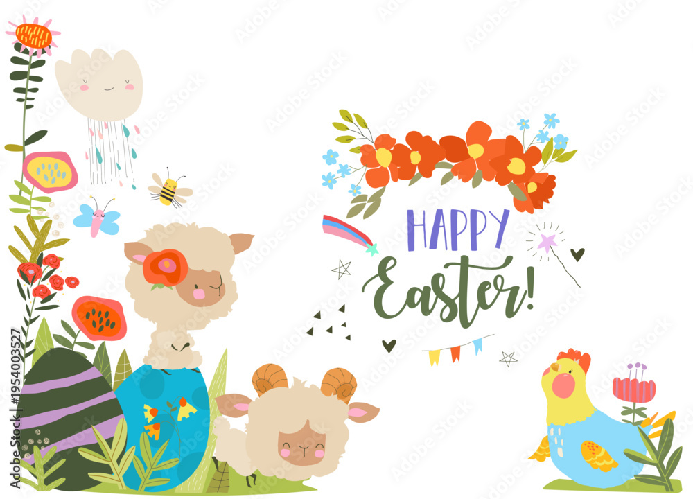 Fototapeta premium Cute Cartoon Lambs sitting on Easter Eggs