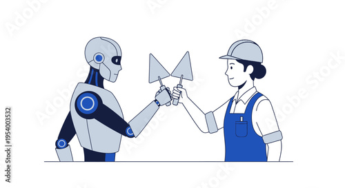 Robot and Human Construction Worker Collaboration Illustration - AI and Automation in Building Industry Vector Concept