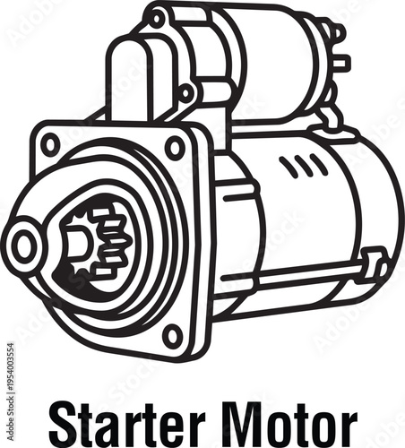 Clean Vector Icon of an Automobile Starter Motor with Solenoid and Text 'Starter Motor' for Car Repair