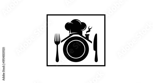 Minimalist Black and White Chef Hat House Logo Icon with Plate, Fork, Knife for Home Cooking, Food Service, Restaurant