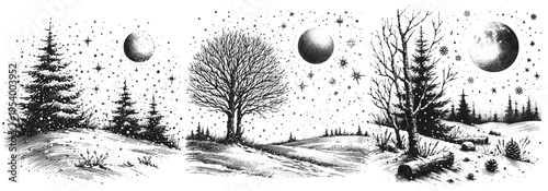 Line art drawing of serene winter night landscape divided into three panels. The left panel shows evergreen trees on a snowy hill beneath a crescent moon and star-filled sky vector svg
