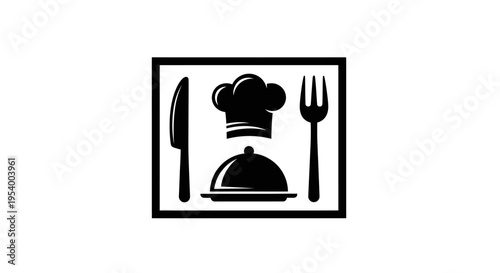 Minimalist black and white vector icon featuring a chef's hat, knife, fork, and cloche, representing restaurant, food service, and culinary arts.
