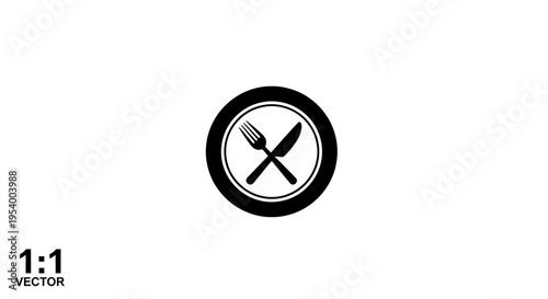 Restaurant icon with fork and knife on a plate, symbolizing dining, eating, food service, and meal preparation. Black and white vector graphic.