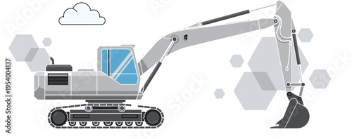 Stylized excavator vector illustration with hydraulic arm, bucket, crawler tracks, cab window, abstract hexagonal background, construction machinery,  