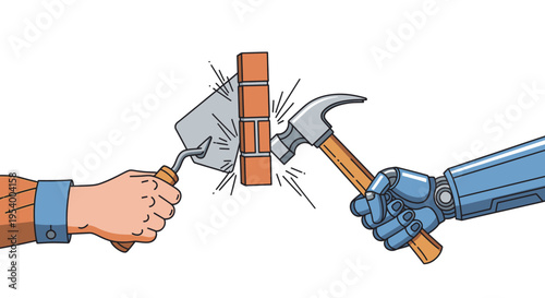 Human and Robotic Hands Building Brick Wall: Concept of AI Automation and Collaboration in Construction Industry