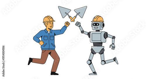 Human Construction Worker and AI Robot Collaborating with Trowels, Future of Industry and Automation Concept