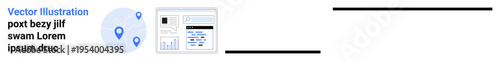 Data analysis, digital maps, geolocation services, navigation tools, business analytics, user tracking. Blue location pins and a screen with graphs. Geolocation and data analysis concept