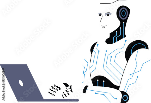 Cyborg worker operates a laptop with internal circuitry visible on the humanoid.