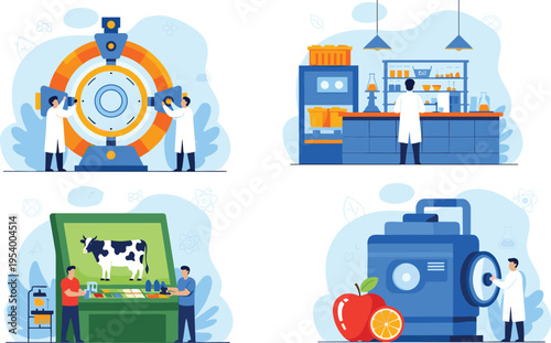 Vector illustration of scientists in laboratory, food science research, dairy farming technology, particle machine, fruit analysis, agricultural innovation