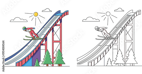 Ski jumping winter sport vector illustration with colored and black and white line art coloring page